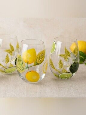 Set of 4 Hand-Painted Citrus Stemless Wine Glasses | Lemons & Limes